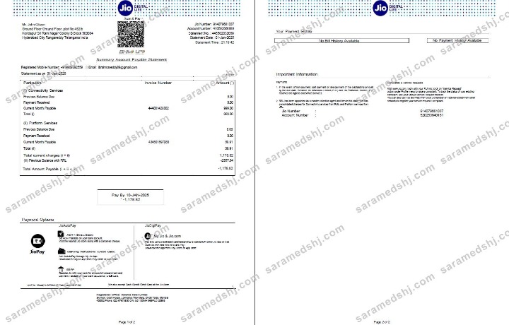 India Jio Digital Life utility bill template in Word and PDF formats, 2 pages, version 3